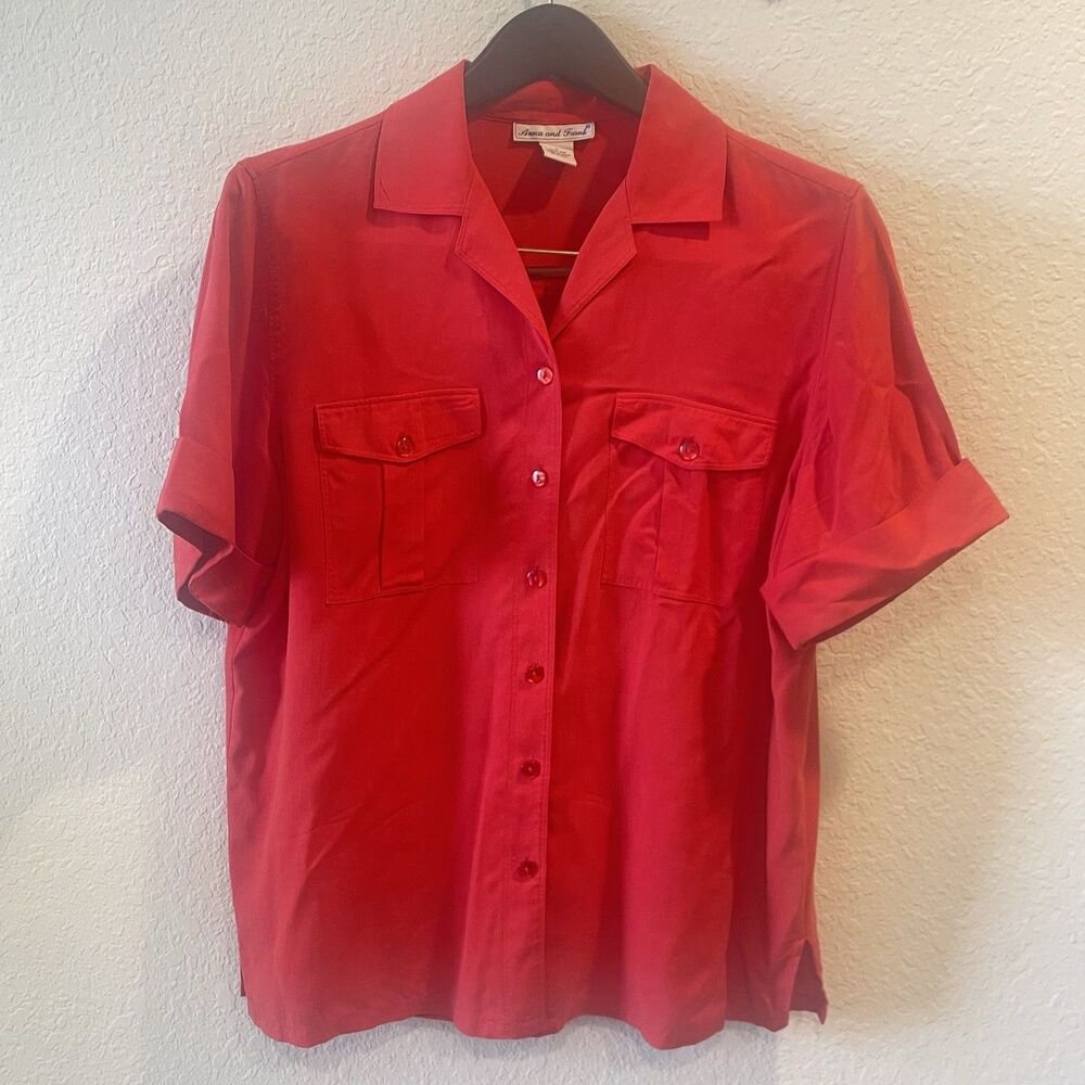 Vtg 80s 90s Women’s Anna And Frank Top 100% Silk Office Smart Button Down Sz L